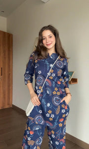 Women Blue Cotton Printed Night Suit Set - SanskrutiHomes 