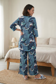 Blue Tropical Print Round Neck Pure Cotton Night Suit For Women