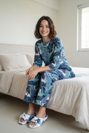 Blue Tropical Print Round Neck Pure Cotton Night Suit For Women