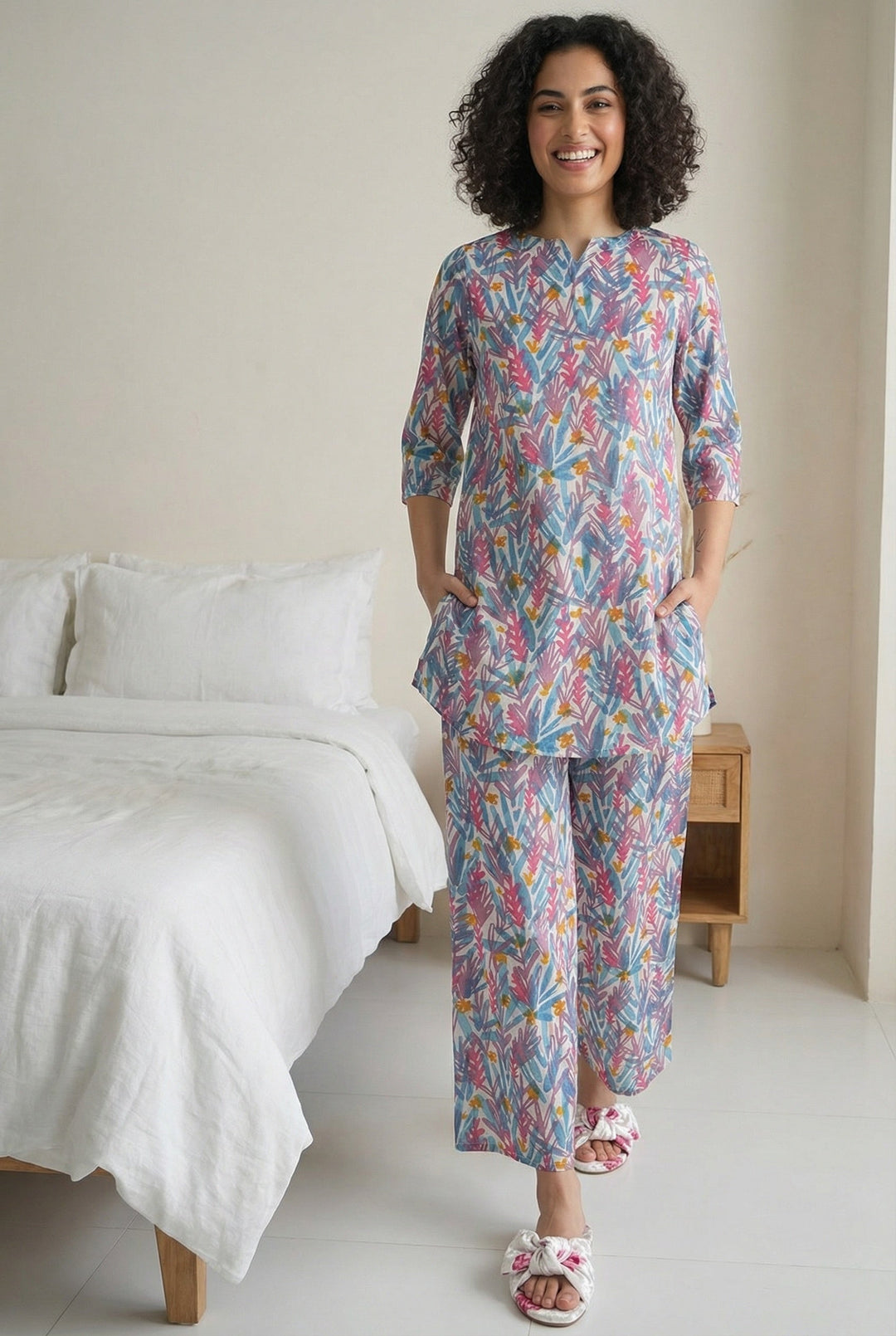 Blue Tropical Print Round Neck Cotton Night Suit For Women