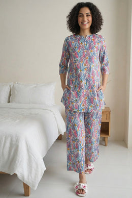 Blue Tropical Print Round Neck Cotton Night Suit For Women