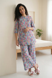 Blue Tropical Print Round Neck Cotton Night Suit For Women