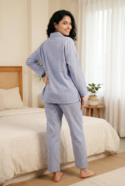Lavender Solid Shirt Collar Pure Cotton Night Suit For Women