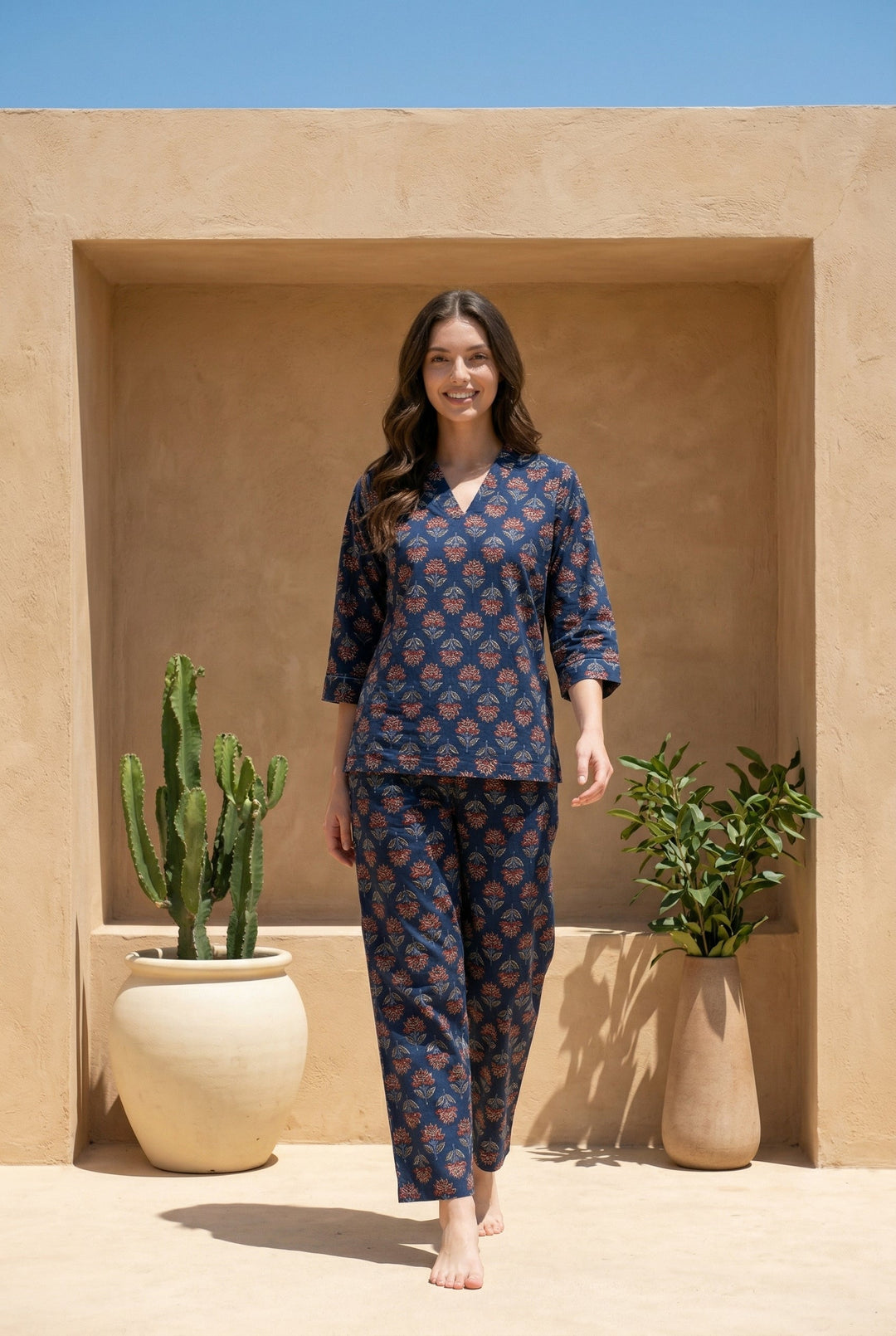 Blue V-Neck Ethnic Motif Pure Cotton Night Suit For Women