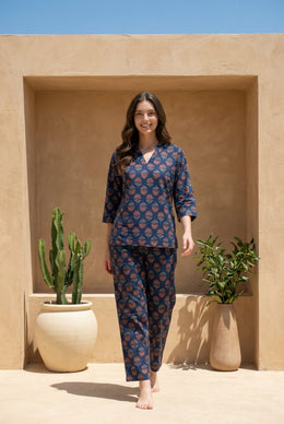 Blue V-Neck Ethnic Motif Pure Cotton Night Suit For Women
