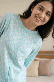 Blue Floral Print Round Neck Pure Cotton Night Suit For Women
