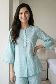 Blue Floral Print Round Neck Pure Cotton Night Suit For Women