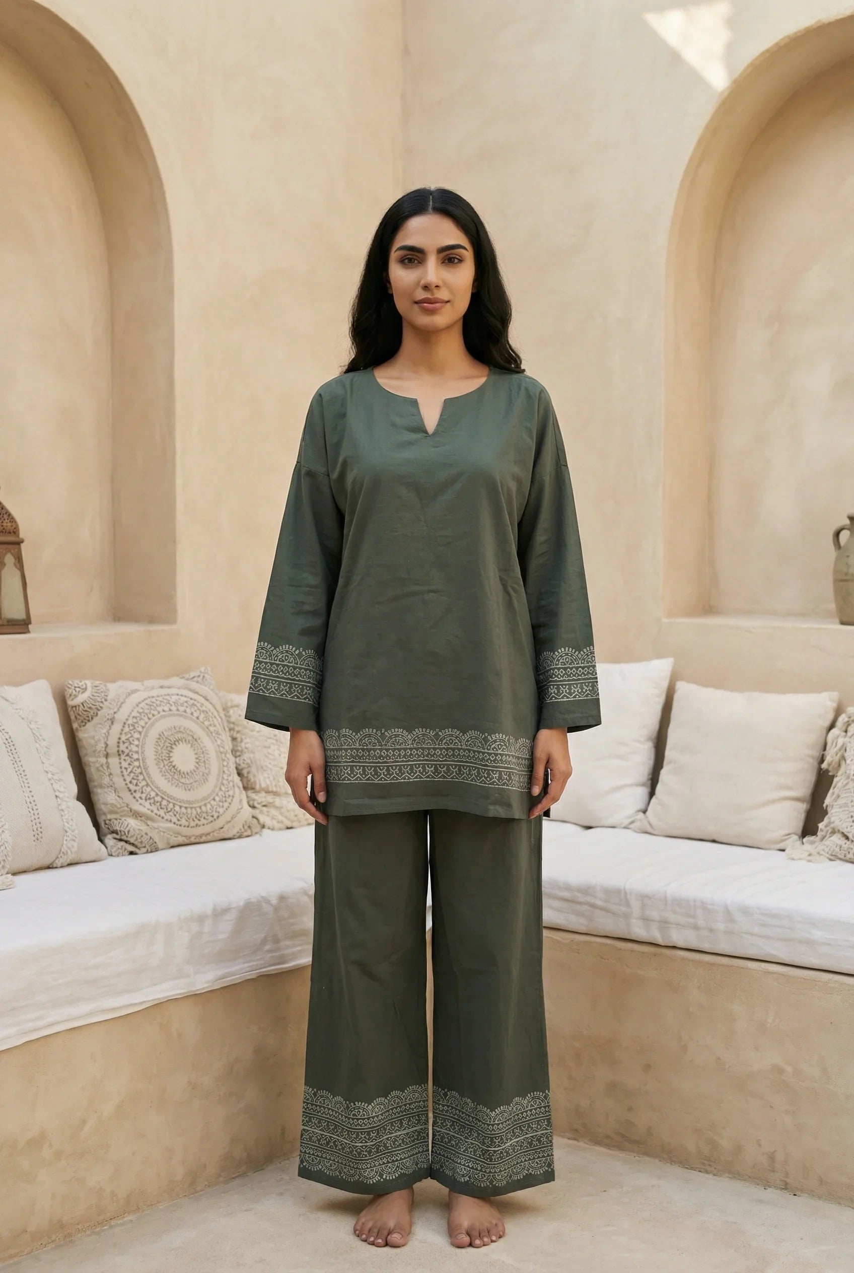 Green Ethnic Hand block Print V-Neck Pure Cotton Night Suit Set for Women - SanskrutiHomes 