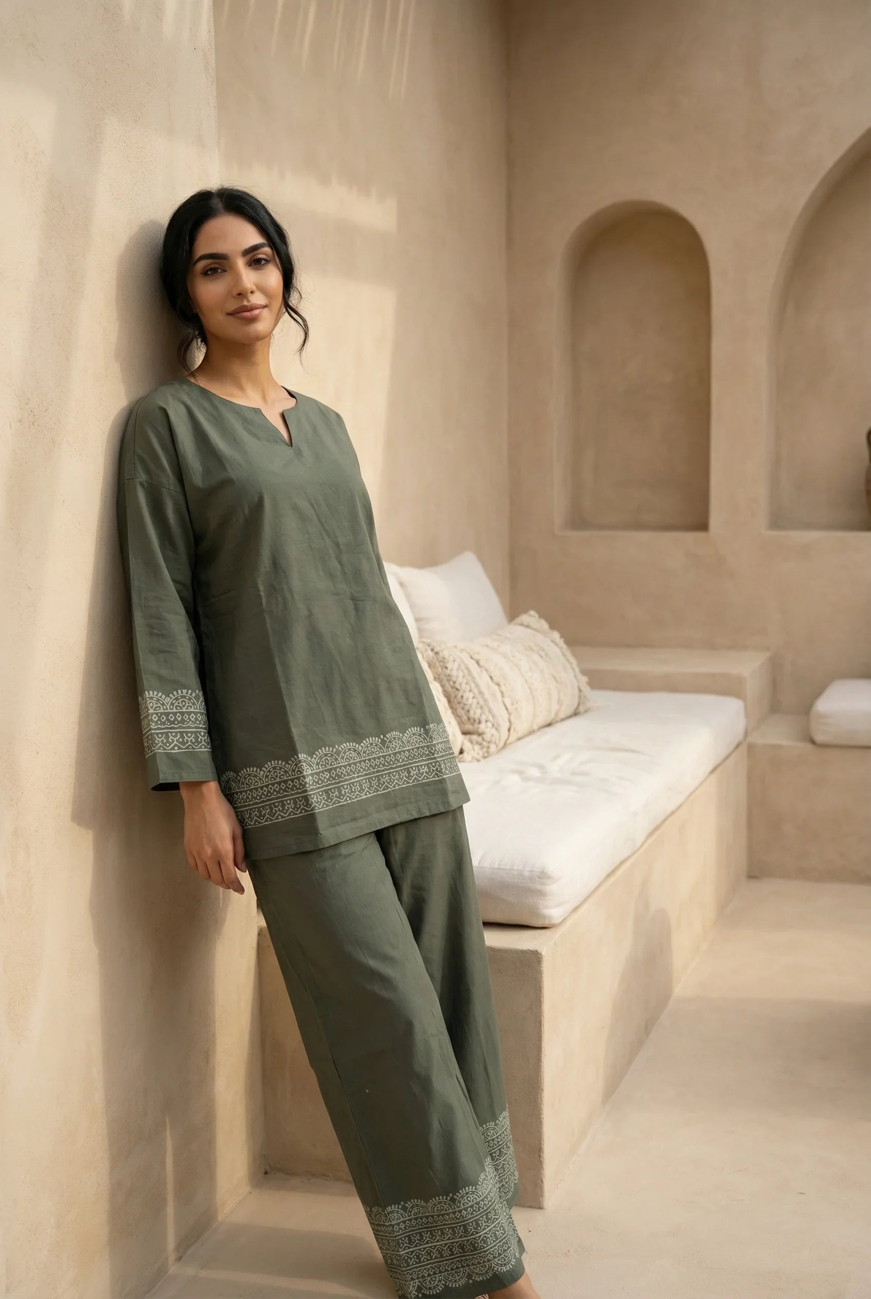 Green Ethnic Hand block Print V-Neck Pure Cotton Night Suit Set for Women - SanskrutiHomes 