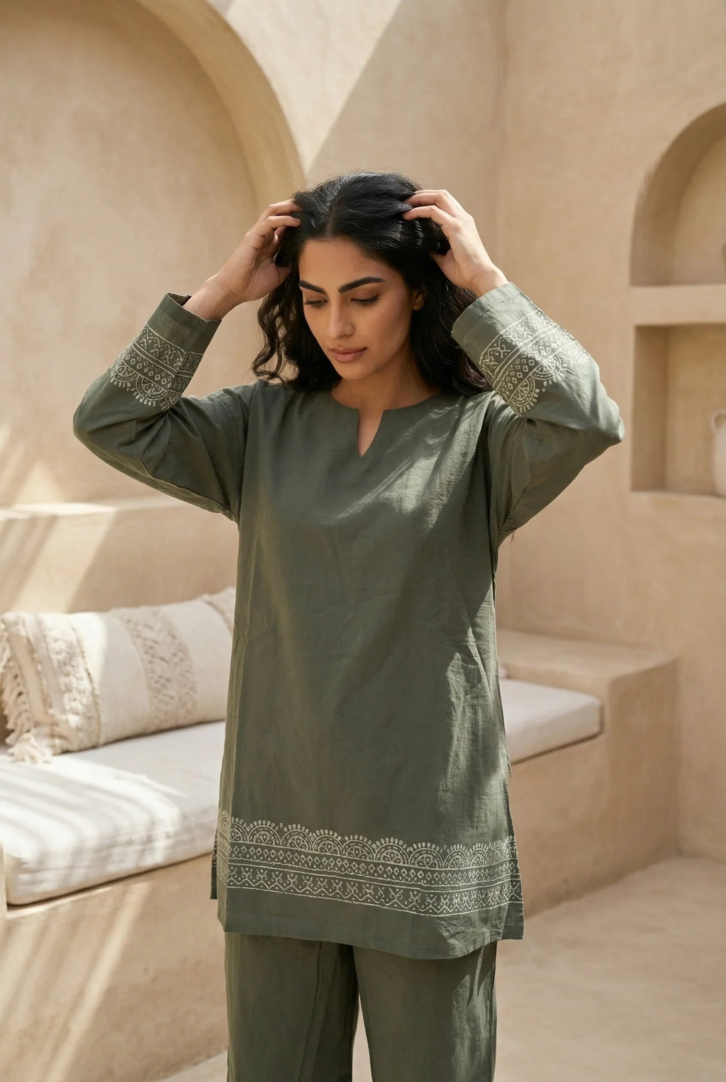 Green Ethnic Hand block Print V-Neck Pure Cotton Night Suit Set for Women - SanskrutiHomes 