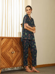 Blue V-Neck Pure Cotton Printed Floral Night Suit For Women