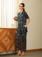 Blue V-Neck Pure Cotton Printed Floral Night Suit For Women