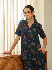 Blue V-Neck Pure Cotton Printed Floral Night Suit For Women