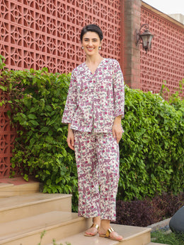 Multi V-Neck Pure Cotton Printed Floral Night Suit For Women