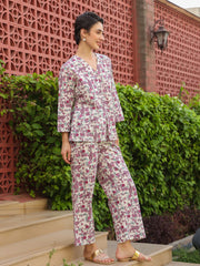 Multi V-Neck Pure Cotton Printed Floral Night Suit For Women
