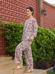 Multi V-Neck Pure Cotton Printed Floral Night Suit For Women