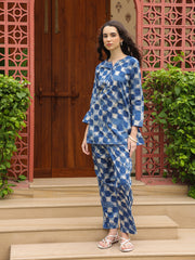 Blue Mandarin Pure Cotton Printed Geometric Night Suit For Women