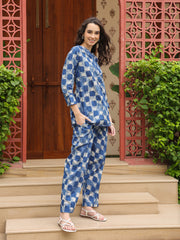 Blue Mandarin Pure Cotton Printed Geometric Night Suit For Women