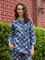 Blue Mandarin Pure Cotton Printed Geometric Night Suit For Women