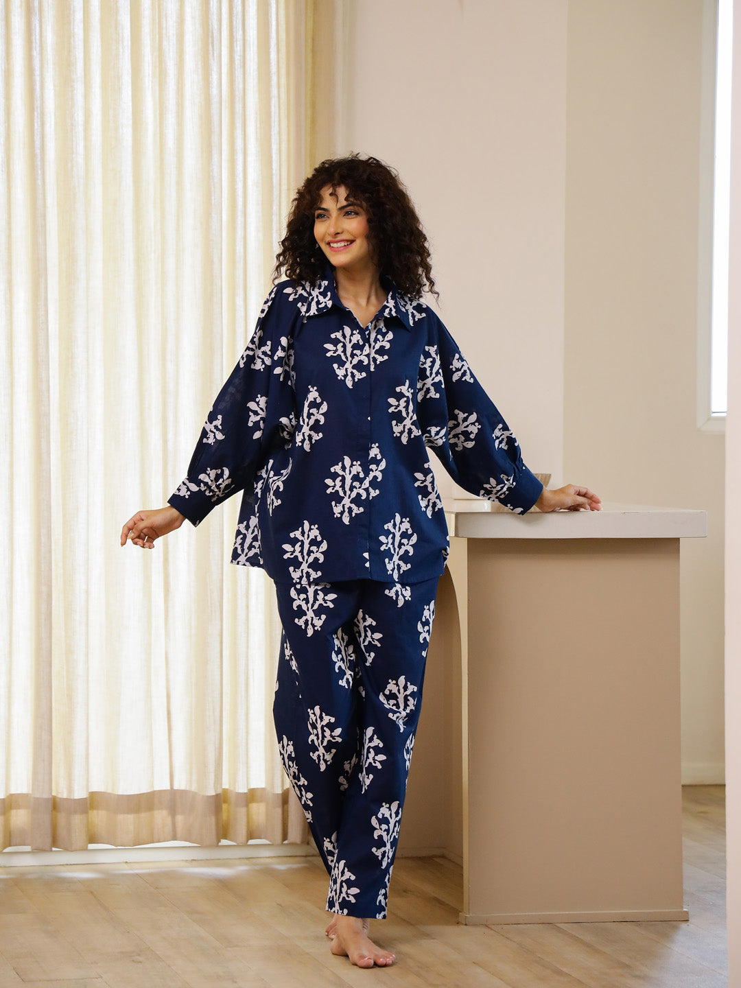 Blue Printed Night Suit Set For Women