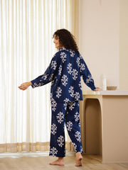 Blue Printed Night Suit Set For Women