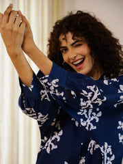 Blue Printed Night Suit Set For Women