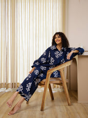 Blue Printed Night Suit Set For Women