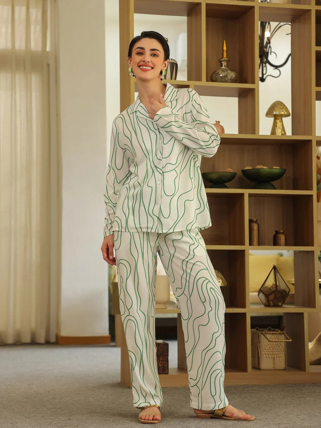 White Shirt Collar Viscose Rayon Printed Abstract Night Suit for Women - SanskrutiHomes 