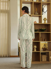 White Shirt Collar Viscose Rayon Printed Abstract Night Suit For Women