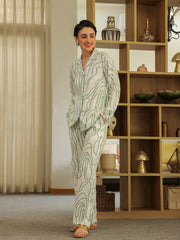 White Shirt Collar Viscose Rayon Printed Abstract Night Suit For Women