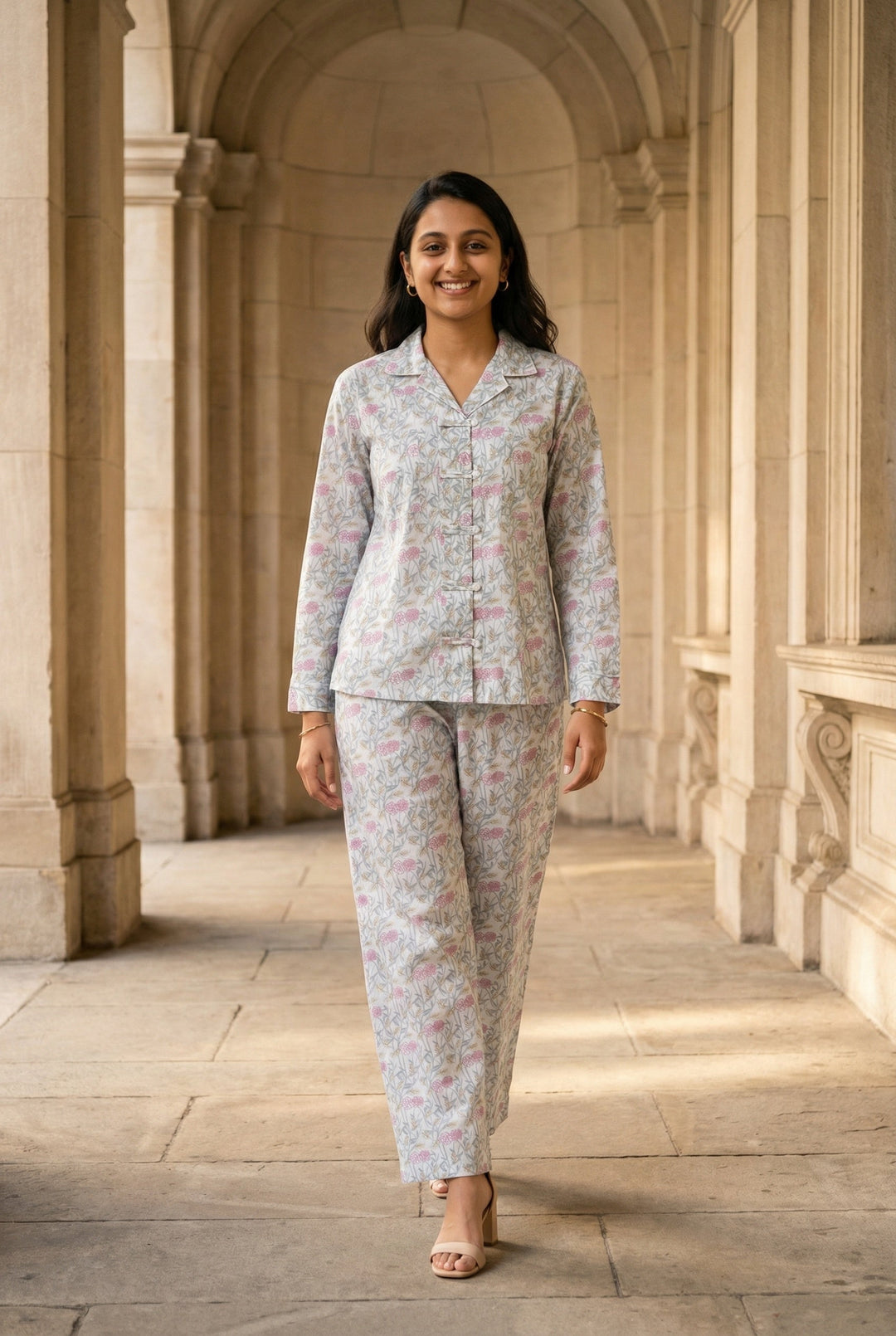 White Floral Print Shirt Collar Pure Cotton Night Suit For Women