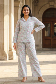 White Floral Print Shirt Collar Pure Cotton Night Suit For Women