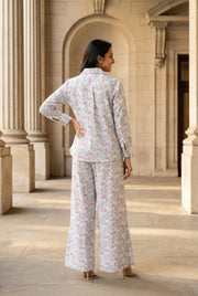 White Floral Print Shirt Collar Pure Cotton Night Suit For Women
