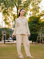 Beige Lapel Collar Pure Cotton Solid Night Suit for Women - SanskrutiHomes 
