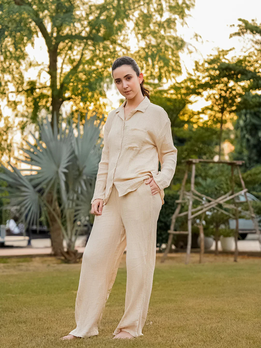 Beige Lapel Collar Pure Cotton Solid Night Suit for Women - SanskrutiHomes 