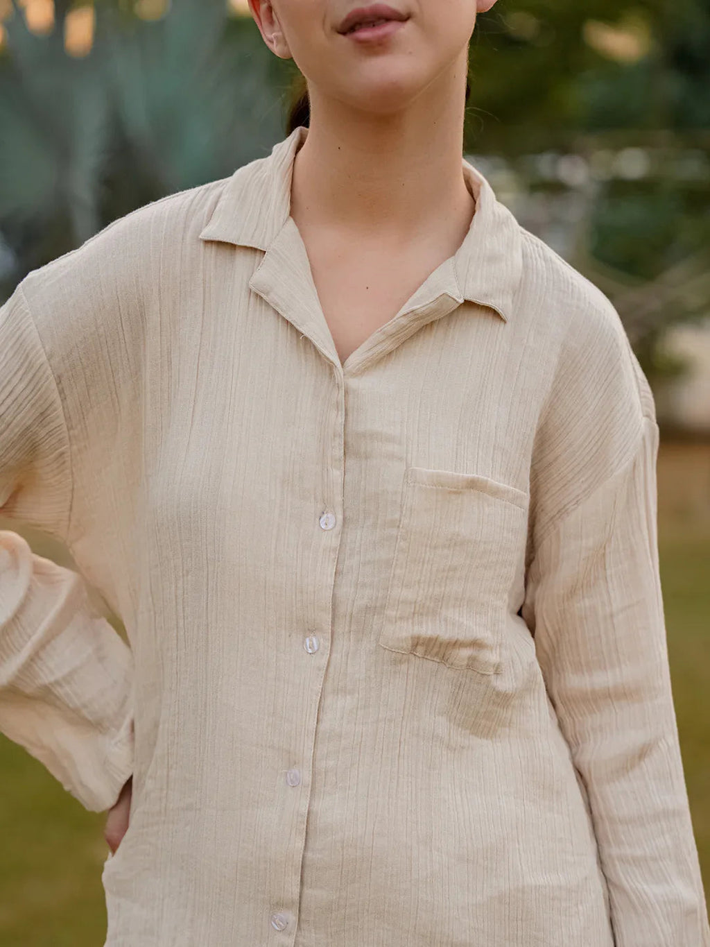 Beige Lapel Collar Pure Cotton Solid Night Suit for Women - SanskrutiHomes 