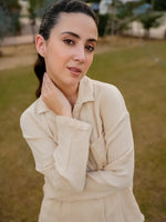 Beige Lapel Collar Pure Cotton Solid Night Suit for Women - SanskrutiHomes 