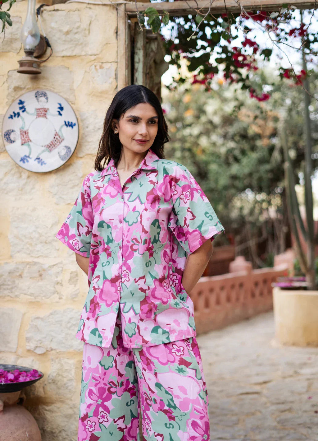 Pink Lapel Collar Floral Printed Pure Cotton Night Suit - SanskrutiHomes 