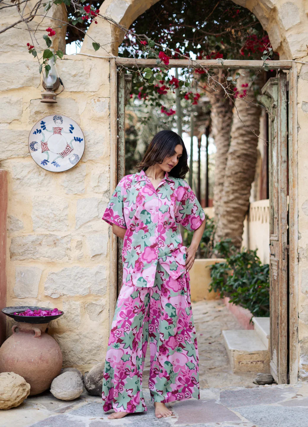 Pink Lapel Collar Floral Printed Pure Cotton Night Suit - SanskrutiHomes 
