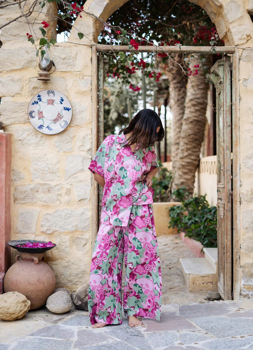 Pink Lapel Collar Floral Printed Pure Cotton Night Suit - SanskrutiHomes 