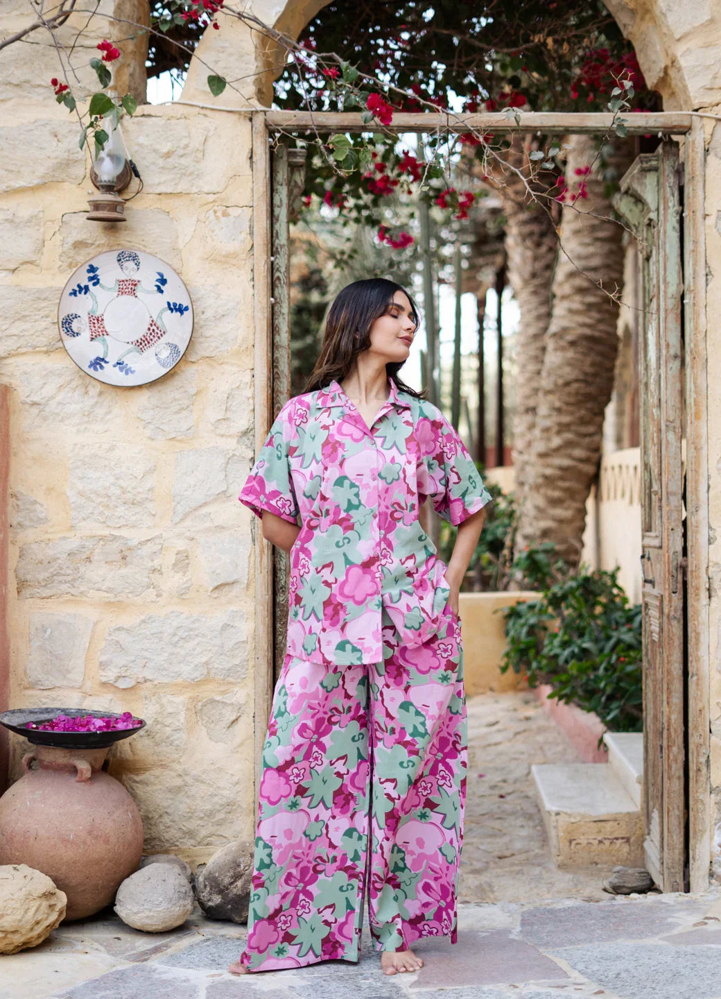 Pink Lapel Collar Floral Printed Pure Cotton Night Suit - SanskrutiHomes 