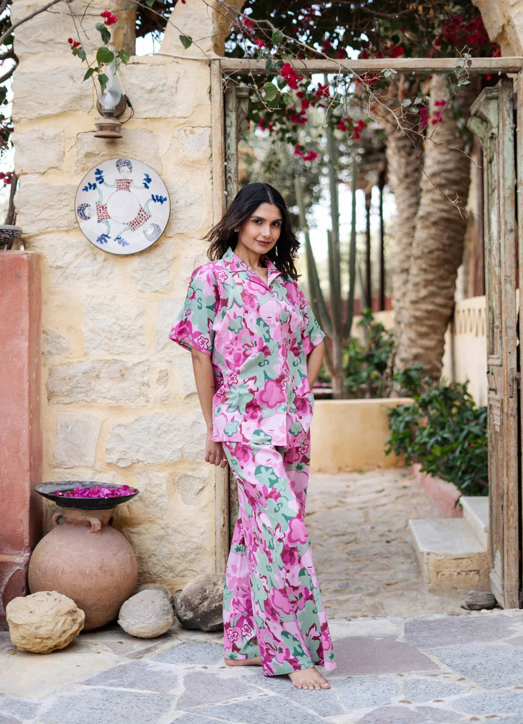 Pink Lapel Collar Floral Printed Pure Cotton Night Suit - SanskrutiHomes 