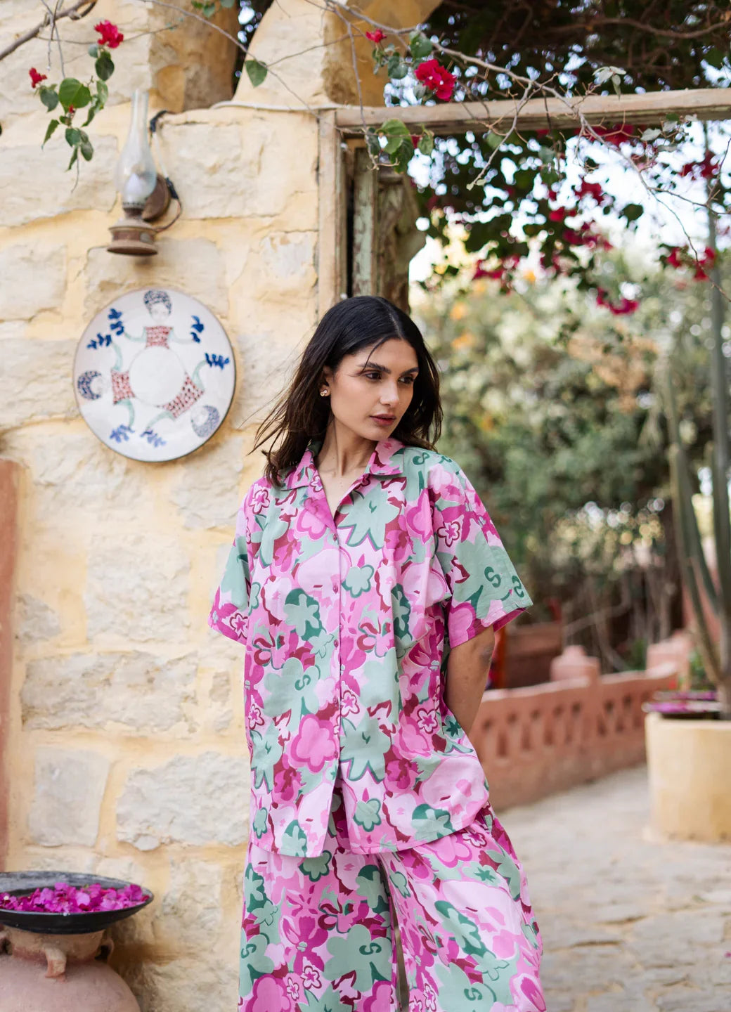 Pink Lapel Collar Floral Printed Pure Cotton Night Suit - SanskrutiHomes 