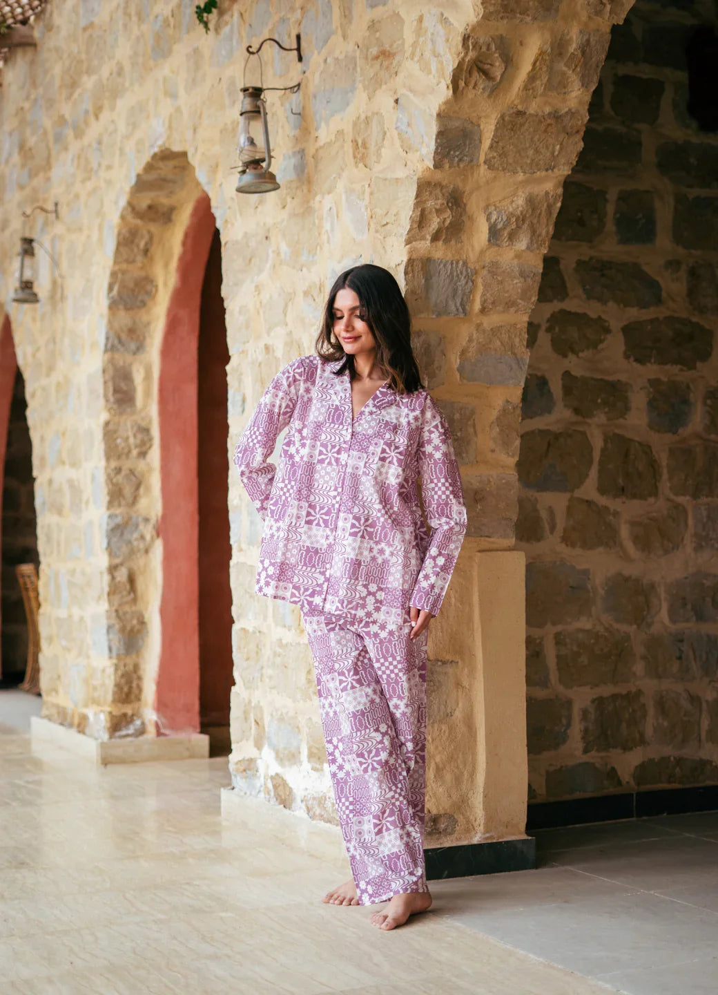 Purple Lapel Collar Abstract Printed Pure Cotton Night Suit - SanskrutiHomes 