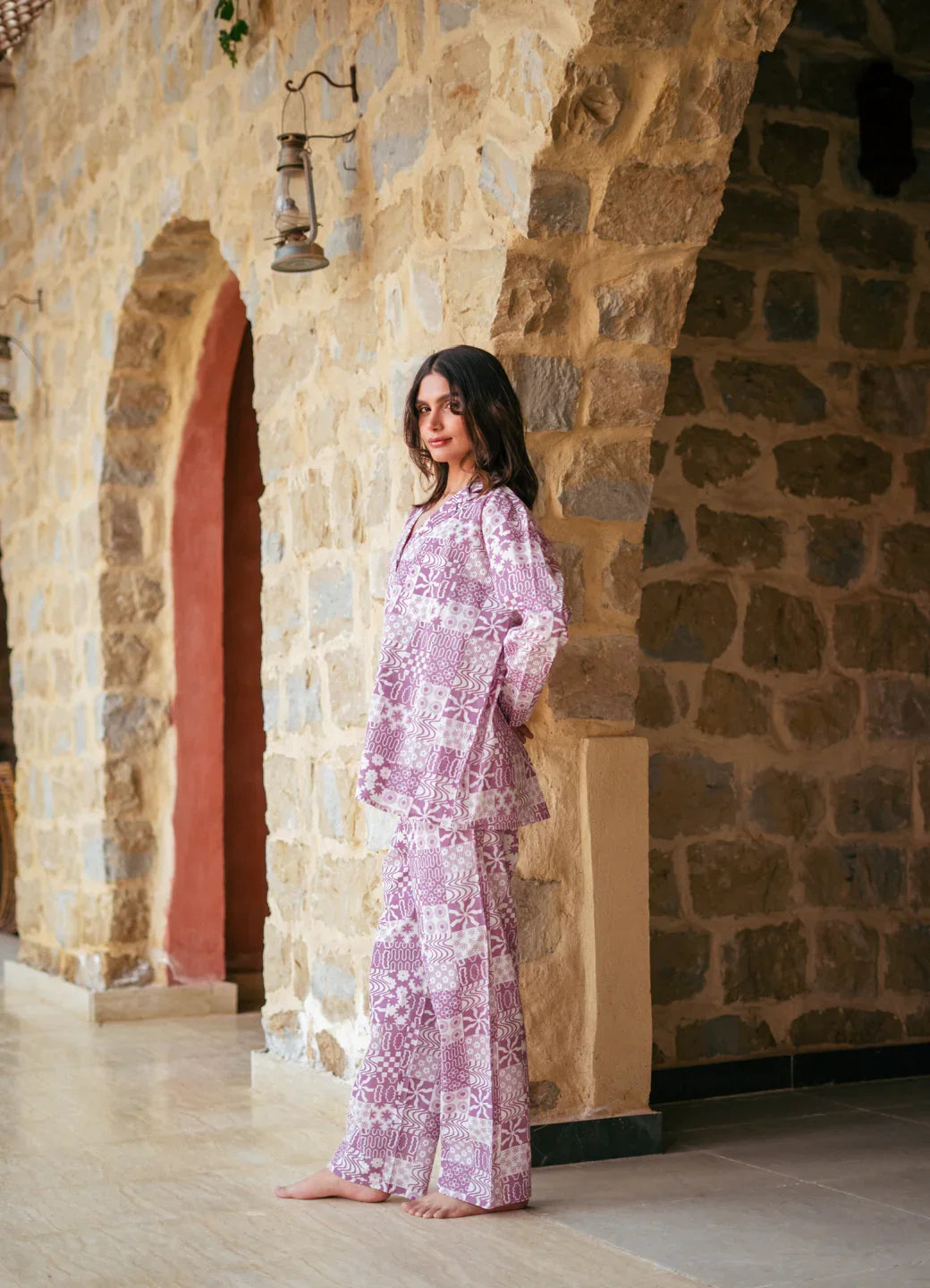 Purple Lapel Collar Abstract Printed Pure Cotton Night Suit - SanskrutiHomes 