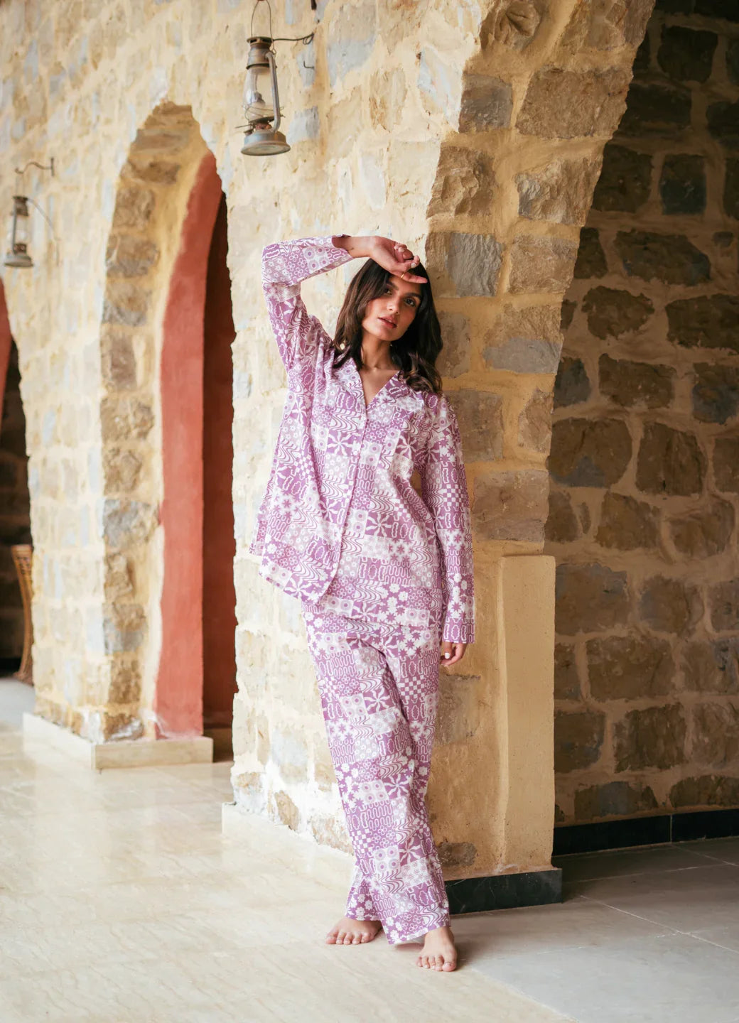 Purple Lapel Collar Abstract Printed Pure Cotton Night Suit - SanskrutiHomes 