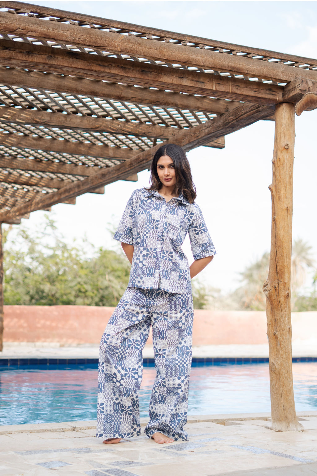 White Shirt Collar Geometric Printed Pure Cotton Night Suit