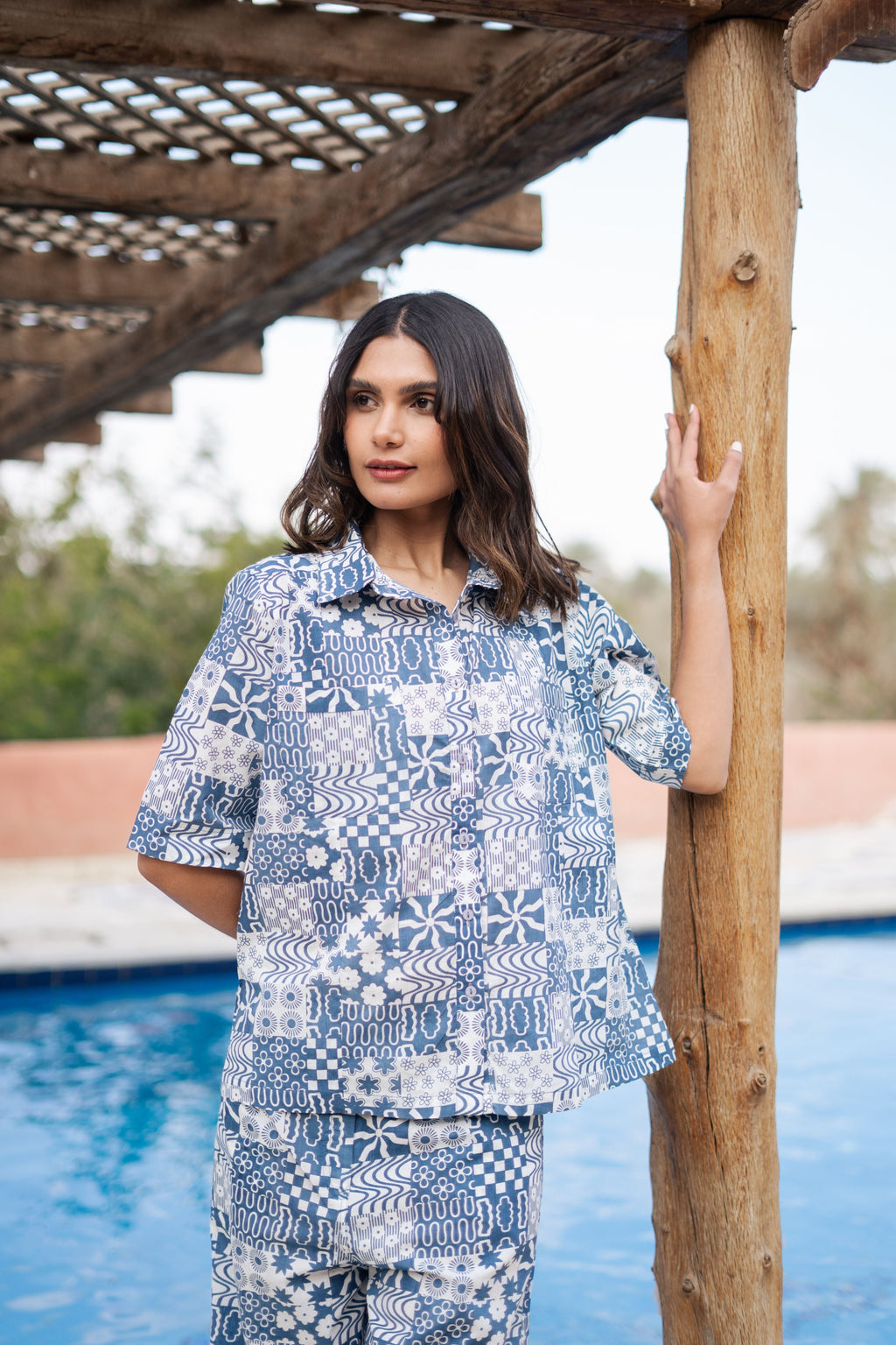 White Shirt Collar Geometric Printed Pure Cotton Night Suit