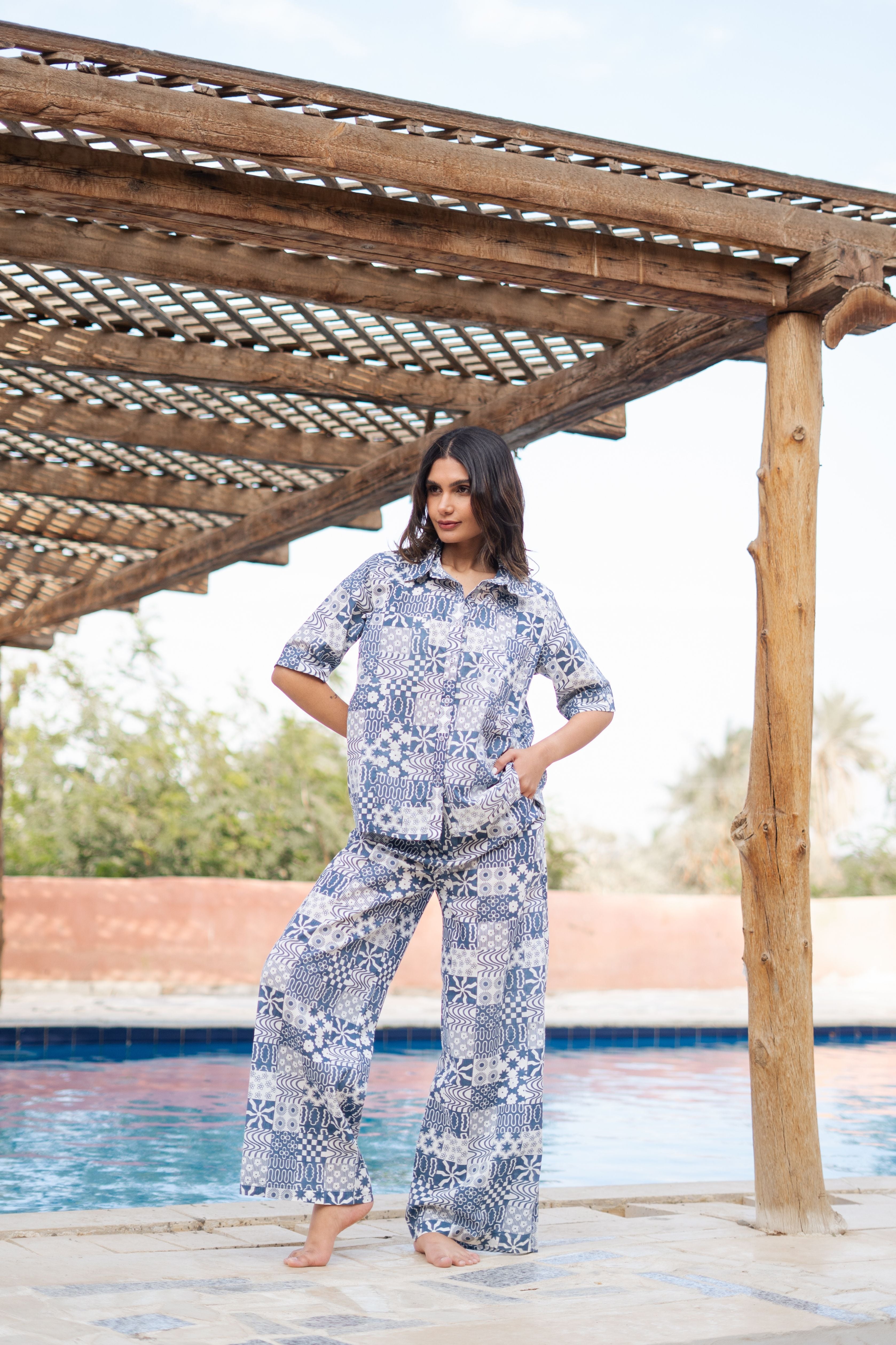 White Shirt Collar Geometric Printed Pure Cotton Night Suit