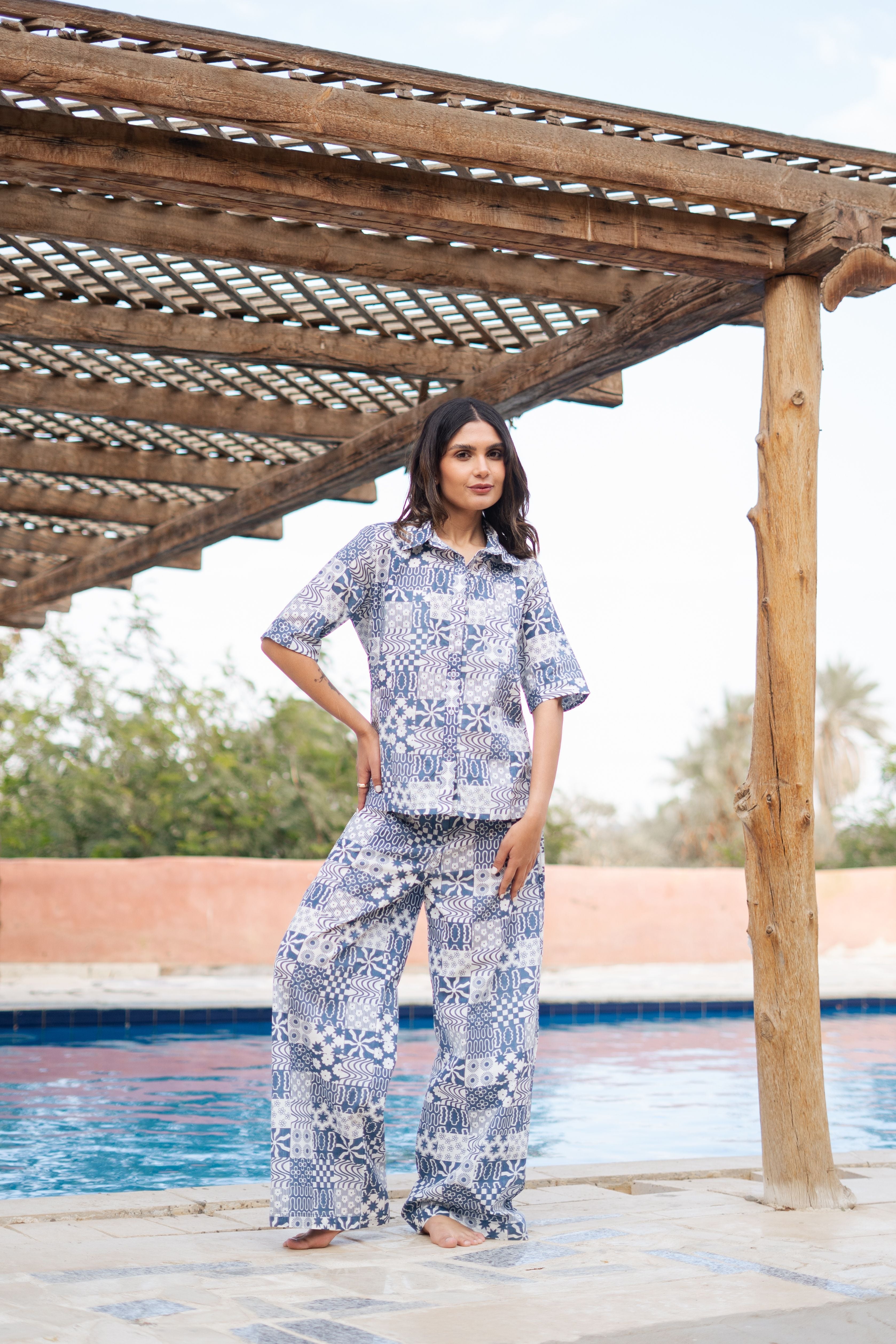 White Shirt Collar Geometric Printed Pure Cotton Night Suit